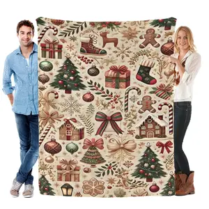 Vintage Christmas Throw Blanket  – Traditional Gingerbread/Tree/Ornament Print Soft Fleece Blanket | Festive Holiday Decor & Xmas Gift for Home