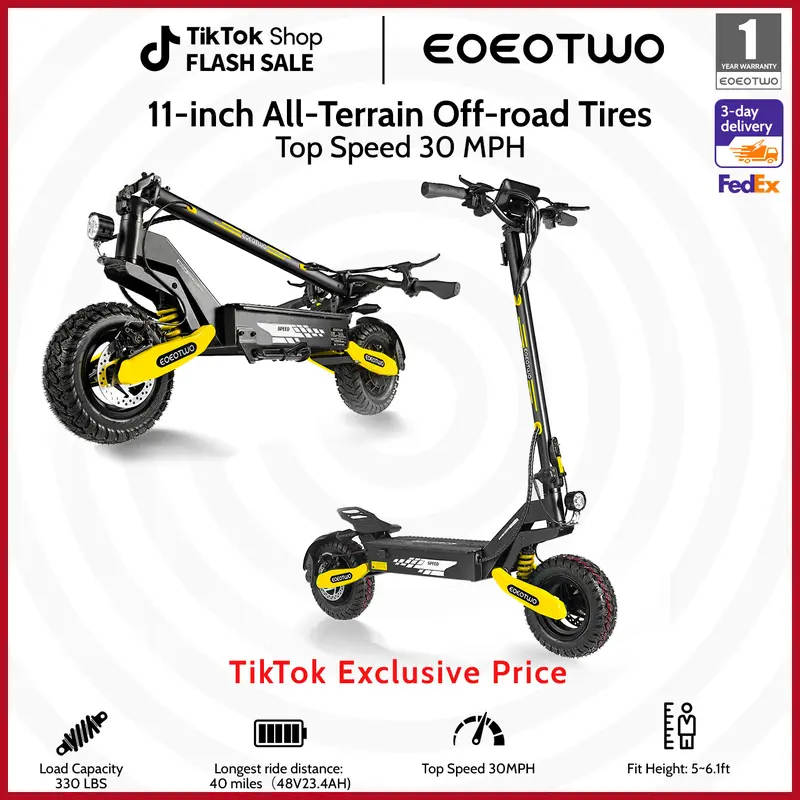 EOEOTWO Foldable Adult High Speed Commuter Scooter - 1200W Max Motor, Top Speed 30 MPH, 30-40 Mi Range, 11-Inch Off-Road Tires, Double Suspension, 330 lbs Maximum Load Capacity, LCD Display