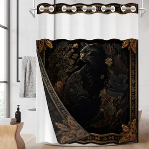 1pc hookless shower curtain with buckle lining, black and gold vintage-style luxurious black cat design with 2D flat printing, waterproof fabric lining, see-through double-layer shower curtain, 71 x 74 inches, modern home draping curtain.