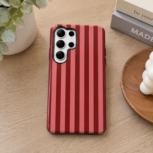 Glossy Slim Tough Burgundy & Pink Stripe Samsung Casing - Fits For Samsung Galaxy S21 S22 S23 S24 S25 S26 Plus Ultra Fe Series, Protective Tech Accessory, Phone Protector, Lover Gift