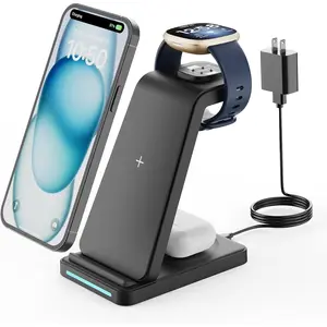 Wireless Charger for  Charging Station -  3 in 1 Phone Charger Stand for  Watch Sense 2/Sense/Versa 4/3, iPhone, ,  Pixel Phones, Androids, Airpods 3/2