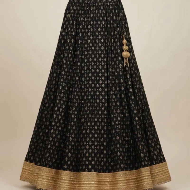 Rayon Printed Gold Bordered Lehenga Skirt for Women - Comfortable Design with Lace Detailing & Elegant Style - Flared Long A-Line for Versatile Wear - Breathable