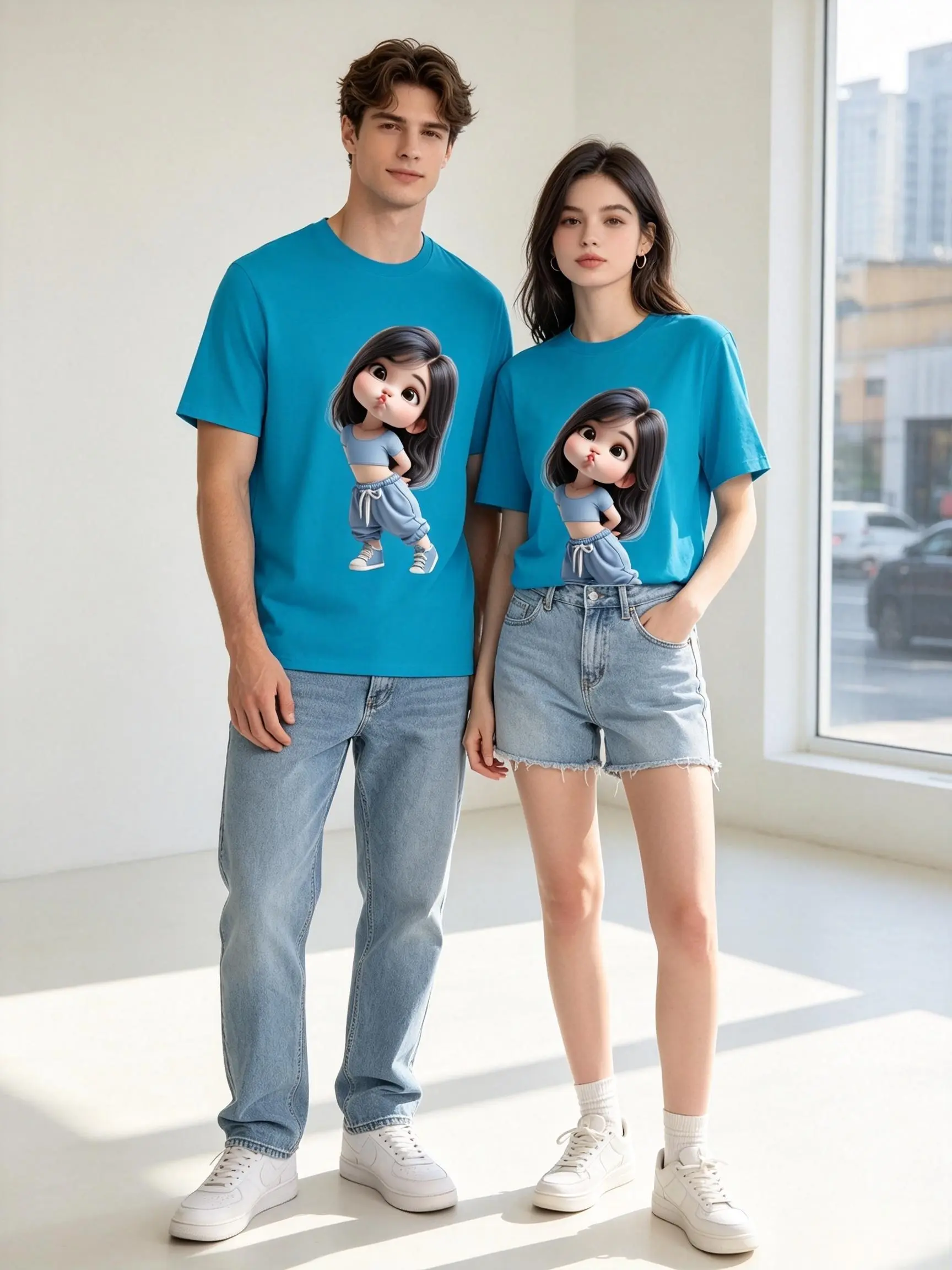 Women's Fitted Cut Cotton Short-Sleeve Crew Neck T-Shirt - Breathable Soft Fabric, Cute Pouty Big Eyes Cartoon Girl Blue Print, Viral TikTok Kawaii Chibi Design, Cropped Casual Top for Thanksgiving, Easter, Valentine's Day, Daily Wear
