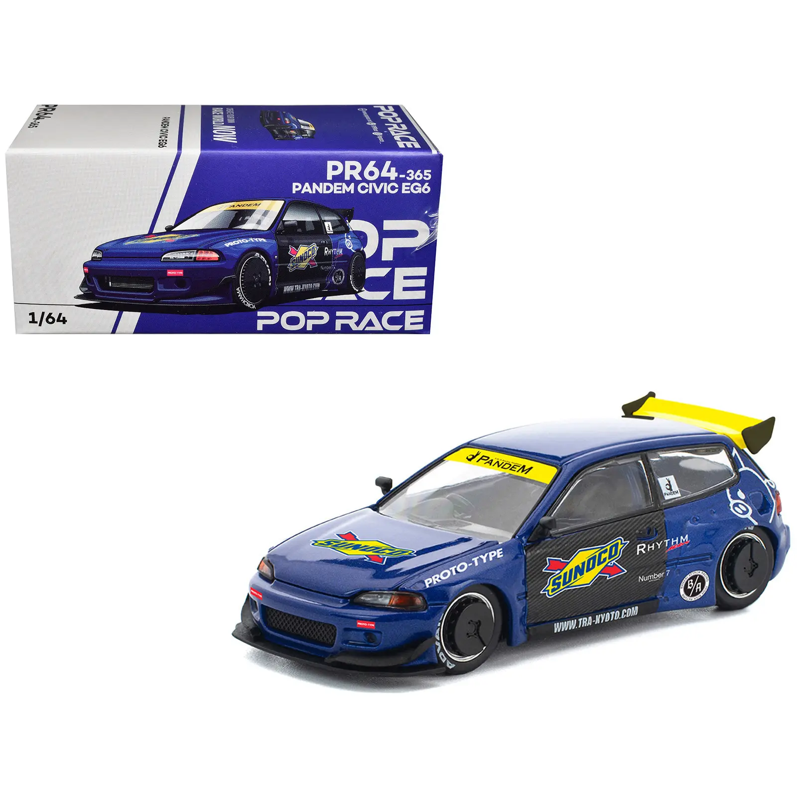Pandem Civic EG6 RHD (Right Hand Drive) "Sunoco" Blue Metallic with Yellow Accents 1/64 Diecast Model Car by Pop Race