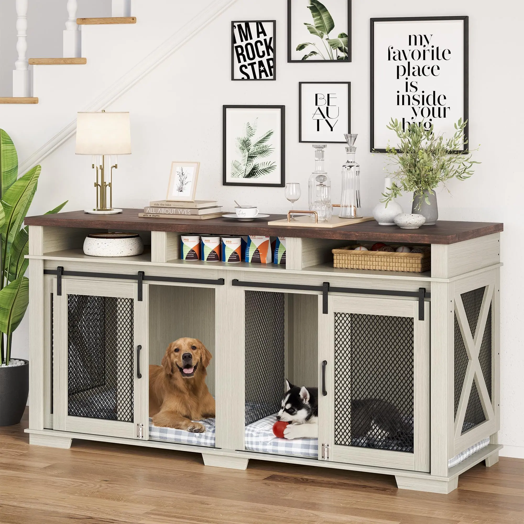 【GARVEE】Heavy Duty Indoor Dog Crate Furniture for Two Dogs, 71" Large ...