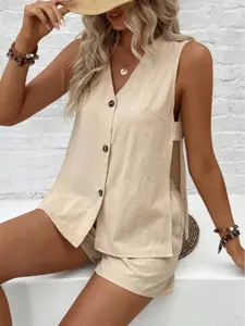 Women's Casual Plain Fitted Vest & Shorts Set Outfit, Regular Length Side Slit Design, Fashionable Versatile for Daily Wear