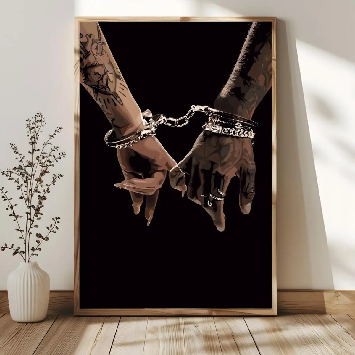 Dark Aesthetic Linked Hands Canvas Wall Art, Abstract Tattoo Style Poster Print, Modern Couple Hands Decor, Unframed Canvas Poster for Bedroom Living Room