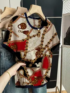 Women's New Baroque Chain Color Block Print Round Neck Sweater T-Shirt, Everyday Casual Fitted Short Sleeve Knitwear Tops for Spring Summer Fall Winter