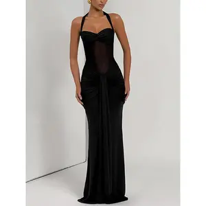 Women's Solid Color Mesh Patchwork Halter Neck Long Dress, Fashion See Through Sleeveless Backless Tie Back Dress, Casual Elegant Lady Clothing for Spring + Summer, Womenswear