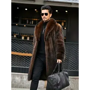 Fashionable Design Men's Faux Fur Single Breasted Overcoat, Trendy And Elegant Warm Long Jacket For Autumn And Winter Outdoors Leisurewear Collar Fabric