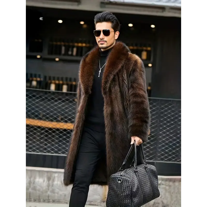 Menswear Faux Fur Single-Breasted Overcoat - Men's Solid Color Polyester Long-Sleeve Warm Jacket for Autumn Winter Outdoor Leisure, Elegant Trendy Design, Faux Fur Coat, Tops