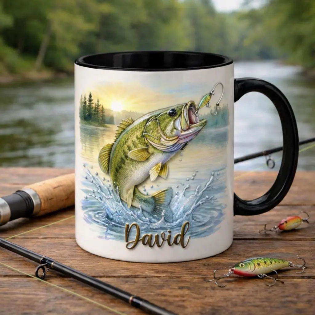 Personalized Fishing Mug, Custom Name Coffee Cup, Bass Fish Design, Outdoor Nature Aesthetic, Gift for Fisherman