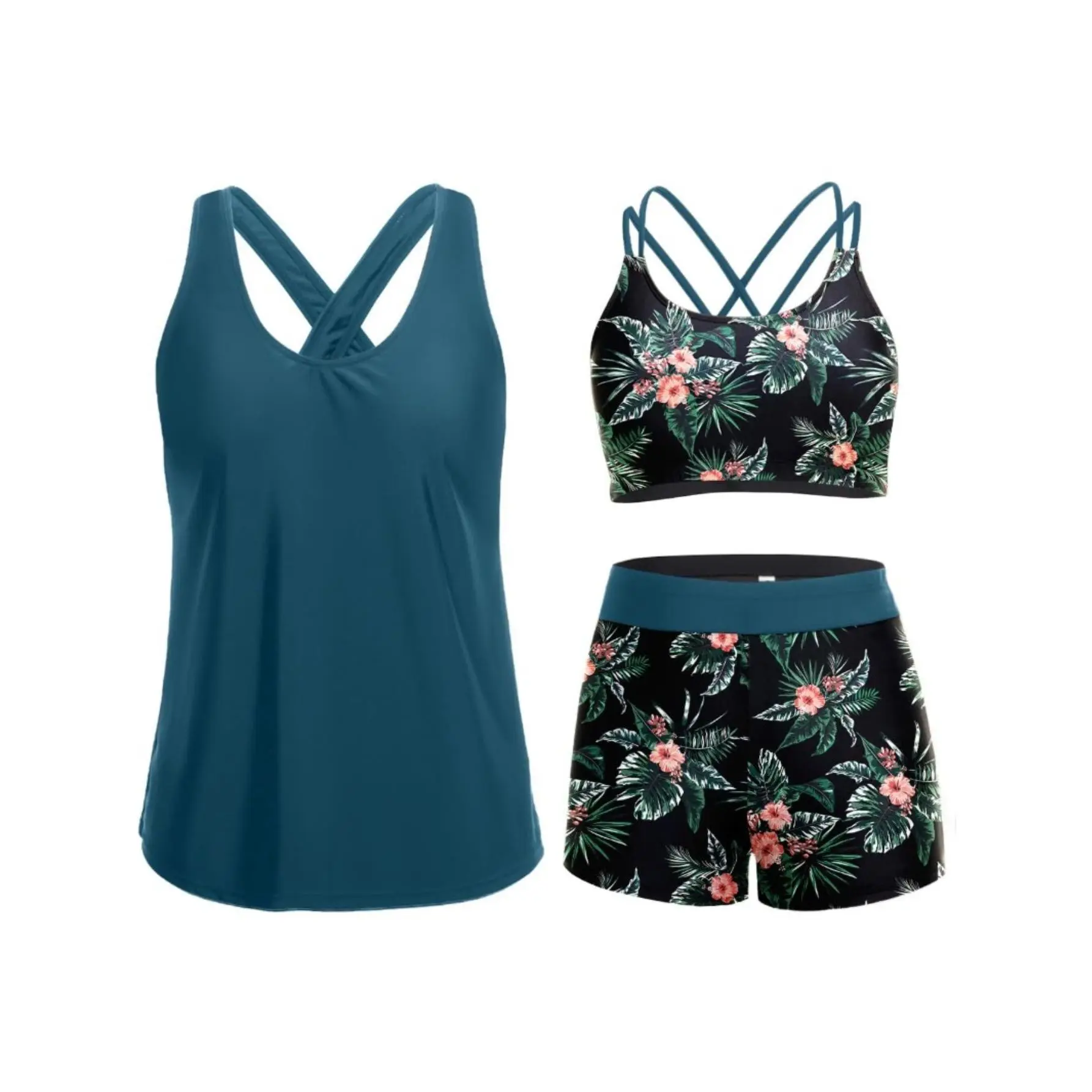 Women's three-piece tank bikini swimsuit with tummy control, includes swimsuit top with bra and shorts, suitable for teenagers
