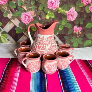 Engove Pitcher Relieve Color Rosa Set con 6 mug de 355 ml with Elegant Design and White Finish for Your Decor Needs Pink Floral Pattern Jug Mexican Kitchen Utensils Table