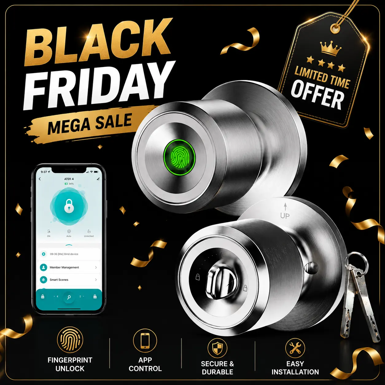 Le Loup Fidele 3-in-1 Steel Nickel Automatic Fingerprint Digital Lock for Front Door - Smart Door Knob with App Control, Key, Auto Lock, DIY Install for Home, Office
