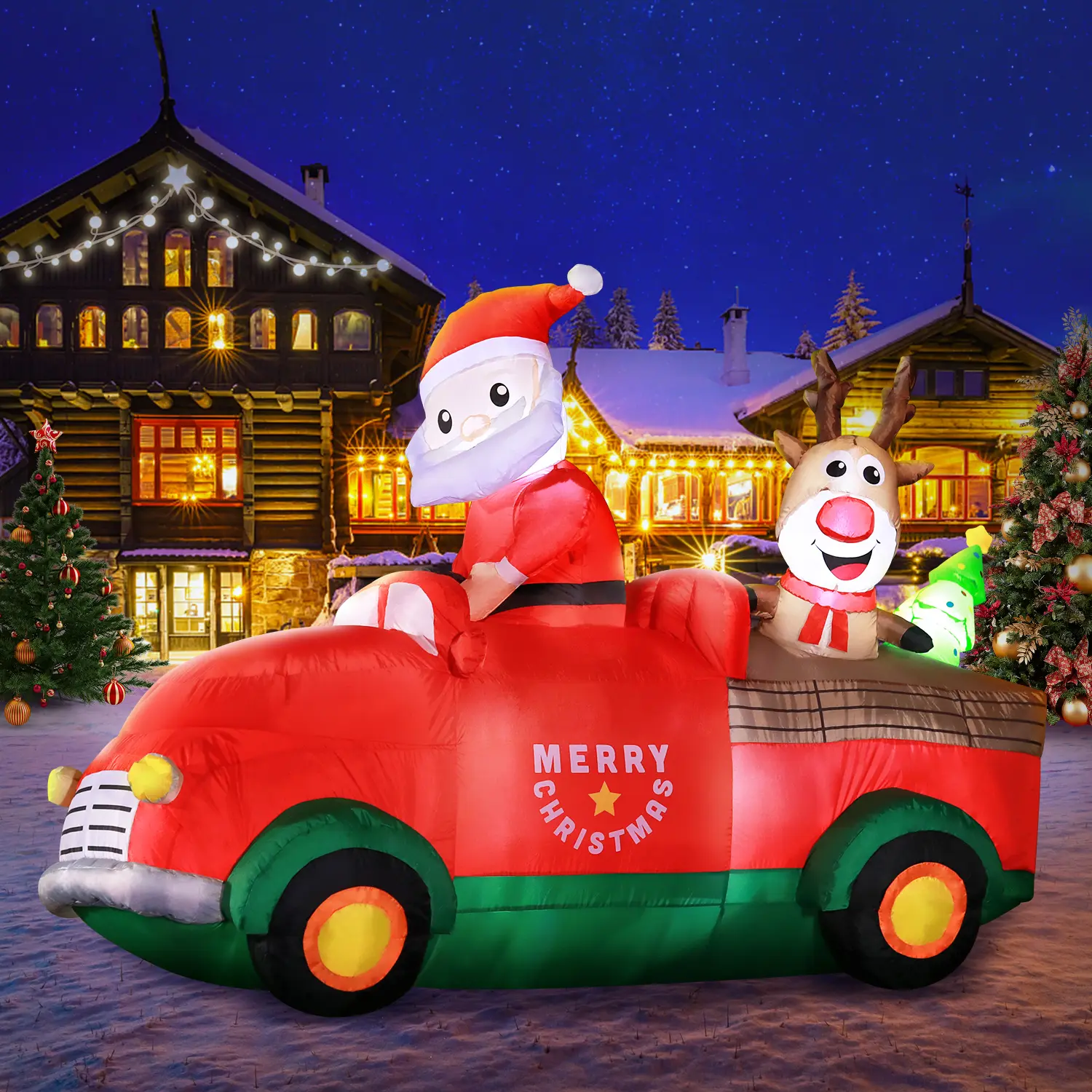 6FT Christmas Inflatables Truck, Santa Claus and Reindeer Drive Truck Blow up Giant Yard Decoration, Outdoor Built-in LED Lights Party Lawn Holiday Winter Decor Outside