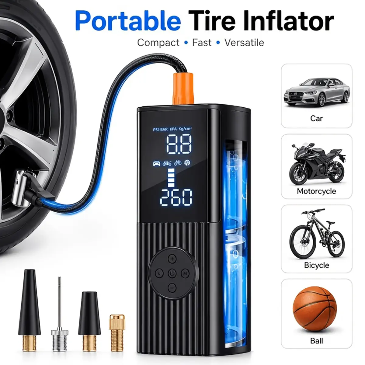 Portable Tire Inflator for Car Tires, Cordless Air Compressor with Digital Gauge & Auto Shut-Off