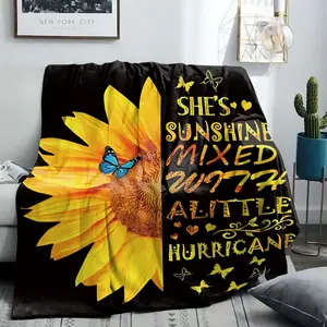 Sunflower Print Flannel Slogan Print Blanket, Cozy Throw Blanket, Soft Comfortable Throw for Bed Sofa Office Camping, Modern Style Home Decor Gift for All Seasons