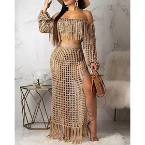 Women Swimsuit Summer Fashion Crochet Casual Mesh Tassel Off The Shoulder Long Sleeve Beach Top & Skirt Sets Swimwear Cover-Ups