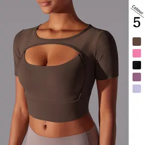 Classic Solid Color Mesh Stitching Sexy Double-Layer Short Sleeve Racerback Bra Top for Women - Running, Fitness, Yoga Workout Top1123