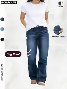 Women's Plus Size Vintage Washed Straight Leg Jeans, High Stretch Elastic Loose Fit, Mid Waist, Casual All Season, Essential Commute Pants