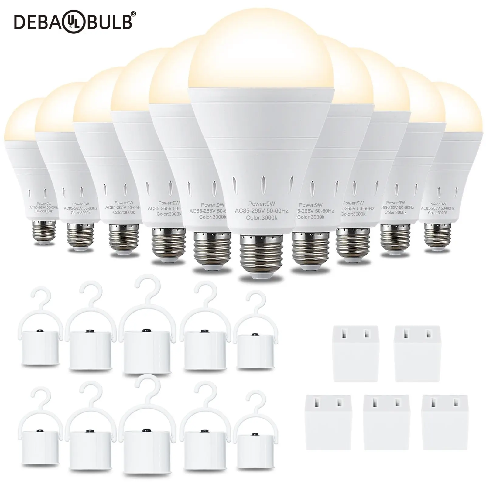 DEBAOBULB 3000K Warm Light E26 120V 9W Rechargeable Battery Operated Emergency LED Lamp Multifunctional Hook Included Home Energy Saving Lighting summergarden