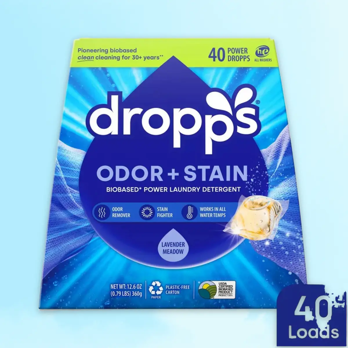 Dropps Odor & Stain Biobased Laundry Detergent Pacs Lavender Meadow 40ct - Biobased Laundry Pacs, Lavender Meadow, 40ct, for Odor Stain Removal, Eco-Friendly