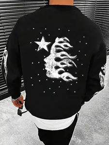 Men's Star & Letter Print Drop Shoulder Thermal Lined Goth Sweatshirt, Loose Casual Long Sleeve Round Neck Pullover for Fall & Winter, Men's Clothes for Daily Wear