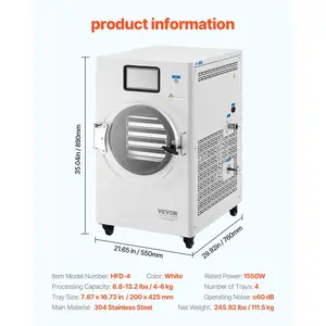 VEVOR Vacuum Freeze Dryer Machine, 8.8-13.2 LBS/Batch Food Freeze Drying Machine with 4-Layer Trays, Vacuum Pump, Adjustable Timer and Temperature Control, for Fruits Vegetables Meat, White