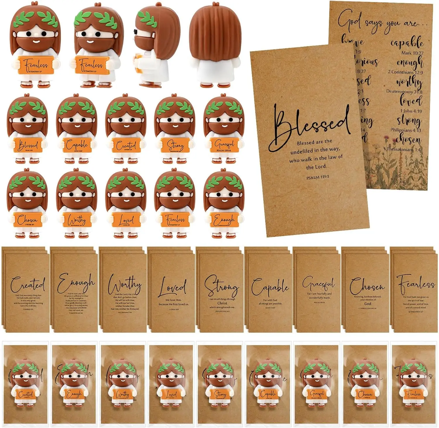 Little Jesus Figures Religious Decorations Set - Mini Pocket Jesus with Bible Verse Card & Prayer Box, 20/50 Bulk Christianity Ornaments for Church Groups, Religious Employee Appreciation Gifts, Print, Multiple
