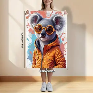 1pc Flannel Blanket With Cute Koala Bear In Orange & Glasses - Soft All-Season Cozy Throw Bed, Sofa, Travel - Retro Style With Koala Face & Snowy Landscape, Birthday Mother's Day Size