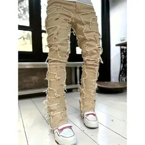 Men's Slim Fit Layered Ripped Jeans With Patches, Cotton Blend Distressed Denim Pants For Casual Outings