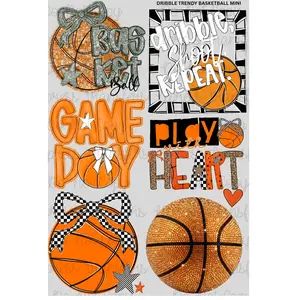 Dribble Trendy Basketball Mini DTF Transfer Gang Sheet 24.5" Wide x 36" Long Direct To Film Trendy Vibrant Designs for Stylish Wardrobe