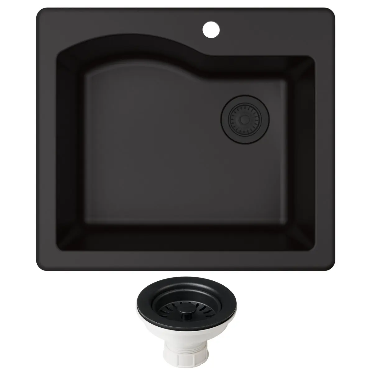 212 MAIN Quarza 25 Rectangular Undermount Single Bowl Durable Granite Kitchen Sink, Black, Thermal Shock-Resistant, Vibration-Absorbing, Easy to Clean, with KGD-441BLACK-PST1-BL Colored Strainer, 25 l x 22 w x 9 d in (for kitchens), Undermount Sink, Recta