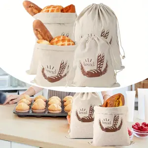 Set of 4 Reusable Linen Bread Bags with Drawstring, 2 Sizes (25x30cm & 30x38cm) for Baguette, Fruit & Vegetable Storage