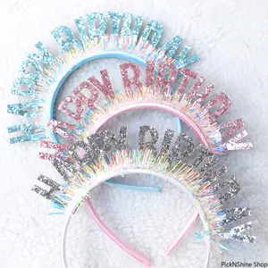 Kids' Glitter Sequin Happy Birthday Headband, Comfortable Party Crown Accessory for Photo Shoots - Pink, Silver, Blue, Silver-1