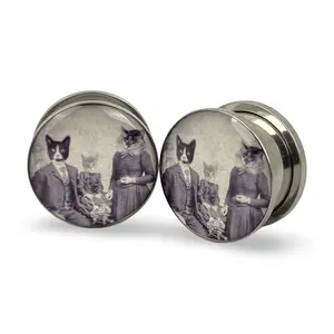 Cat Family Picnic Picture Plugs gauges pair body jewelry