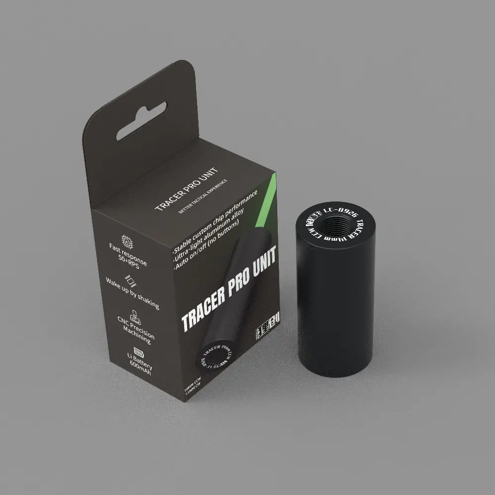 Tracer Pro Unit Lighter Glow in Dark with Fast Response Switch Auto On Off by Shaking and USB Battery Charging With 19mm straight connector to 14mm reverse thread adapter.