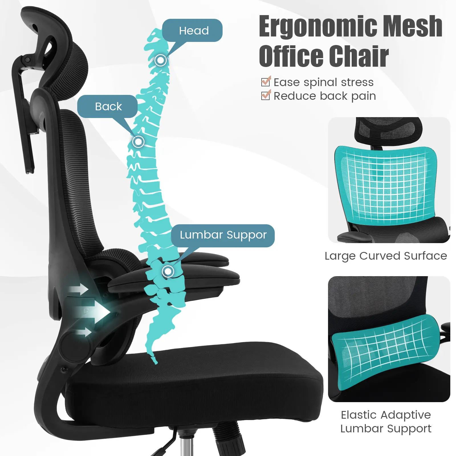 COSTWAY - Mesh Office Chair with Adaptive Lumbar Support, Flip-up Armrests, Reclining Backrest-Black