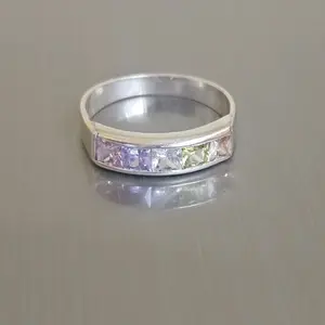 950 Silver Rainbow Ring with Multicolored Stones in Silver Tone Band for Women's Fashion Jewelry - Size 8