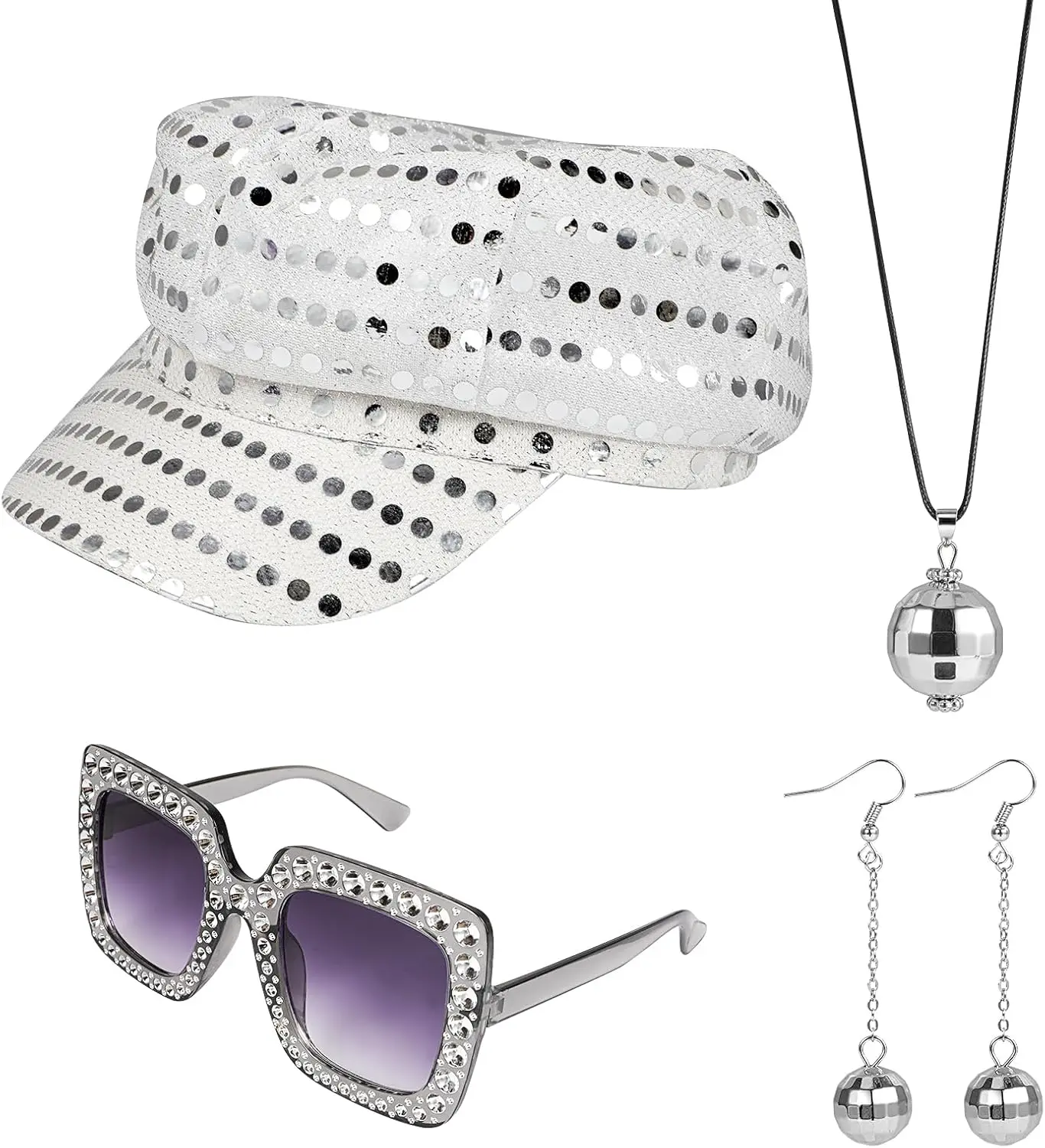 4 PCS 70s Disco Costume Accessories Set with Sequin Hat Silver Earrings Sunglasses Necklace Disco Fancy Dress Kit for Women Retro 70 80 Theme Party Birthday DanceGift.