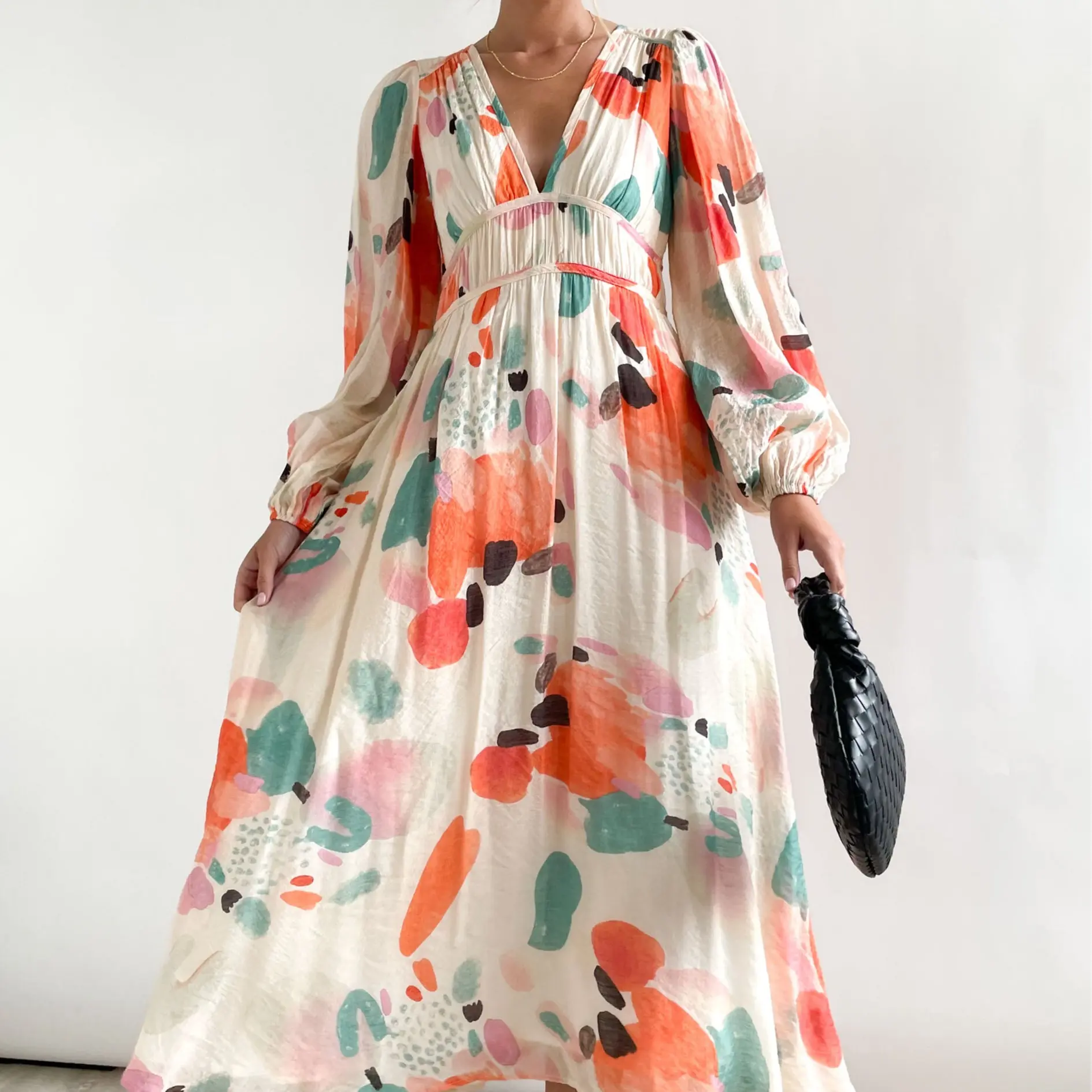 Sissyaki Women's Boho Floral Maxi Dress Long Sleeve Smocked Beach Flowy Dress Bohemian Casual Print Womenswear Elegant Lantern Lightweight Underwear Lady Casual Wear Summer Polyester Comfort
