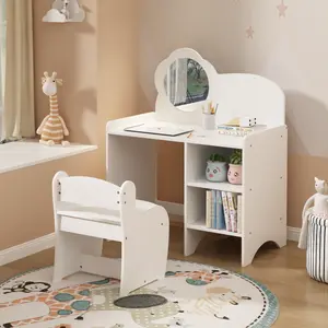 Kids Vanity Table with Mirror and Chair, Wooden Children's Dressing Makeup Desk with Storage Shelves, Study and Activity Table for Girls and Boys, Playroom Bedroom Furniture - White