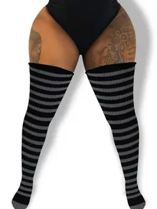 THICK THIGH TRIBE Curvy Cozy Stripes Plus Size Thigh High Socks with Adjustable Thigh Belts Soft Stretch Fabric for Comfortable Fit Women's Fashion Accessory