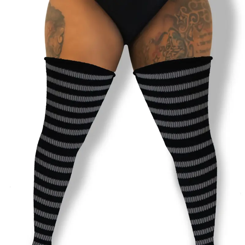 THICK THIGH TRIBE Curvy Cozy Stripes Plus Size Thigh High Socks with Adjustable Thigh Belts Soft Stretch Fabric for Comfortable Fit Women's Fashion Accessory