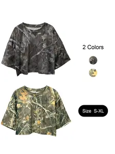 Y2K Style Cool Women's Short Fitted Camo T-Shirt with Leaf Print, Breathable Fabric, Perfect for Music Festivals and Parties, Trendy Summer Streetwear