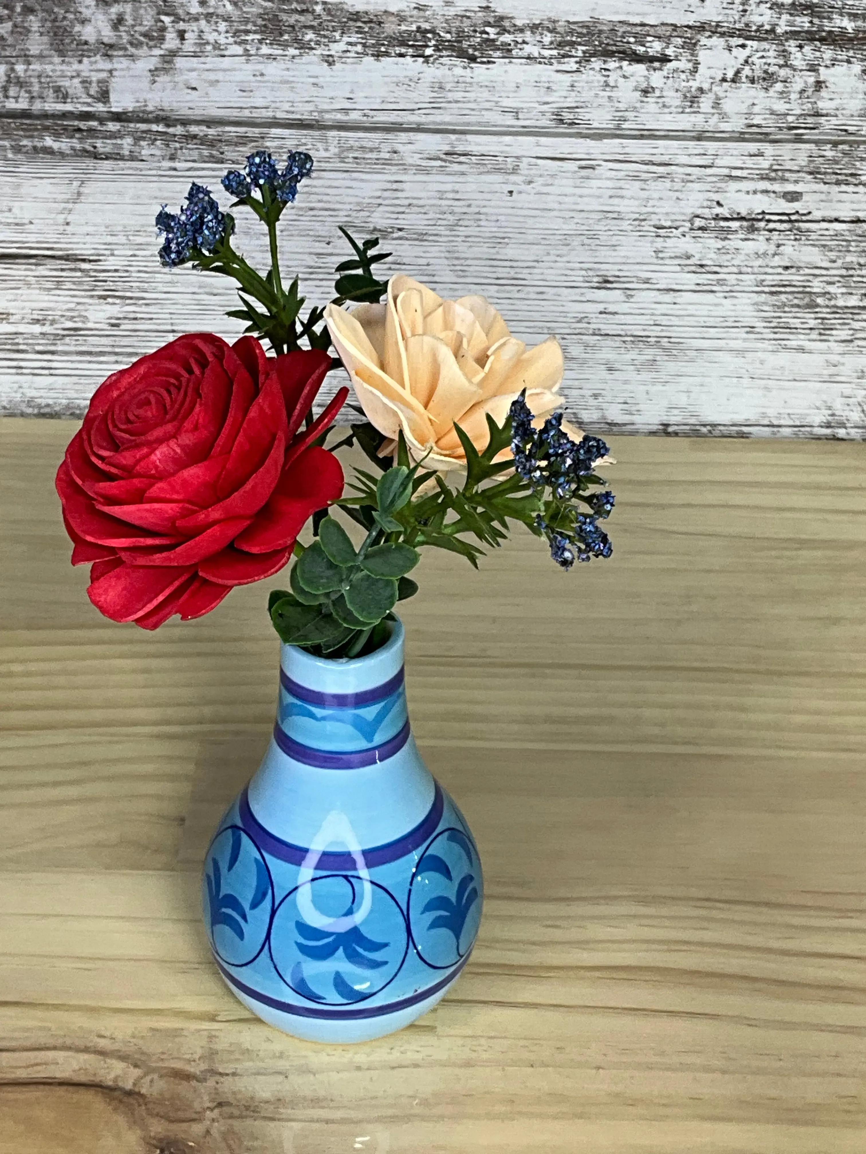 Artisan Crafted Decorative Eco-Sola Wood Miniature Arrangement Artificial Flowers - Red Rose, Peach Dahlia, Eucalyptus Accent in Hand-Painted Stripe Ceramic Vase, Table Decor, Folk Scroll Home Decor, Valentine’s Day Anniversary Gift Single Set