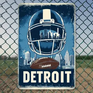 Sign Metal Sign Decorative Signs& Plaques1pcs Detroit Theme Retro Metal Sign(19.99x 29.97cm)- Humorous Wall Art with Helmet and Cityscape Design, Suitable Home, Bar, Cafe, Garage Decoration- Sports Fans, S, Cafe Decoration, Bar Decor, Vintage Design