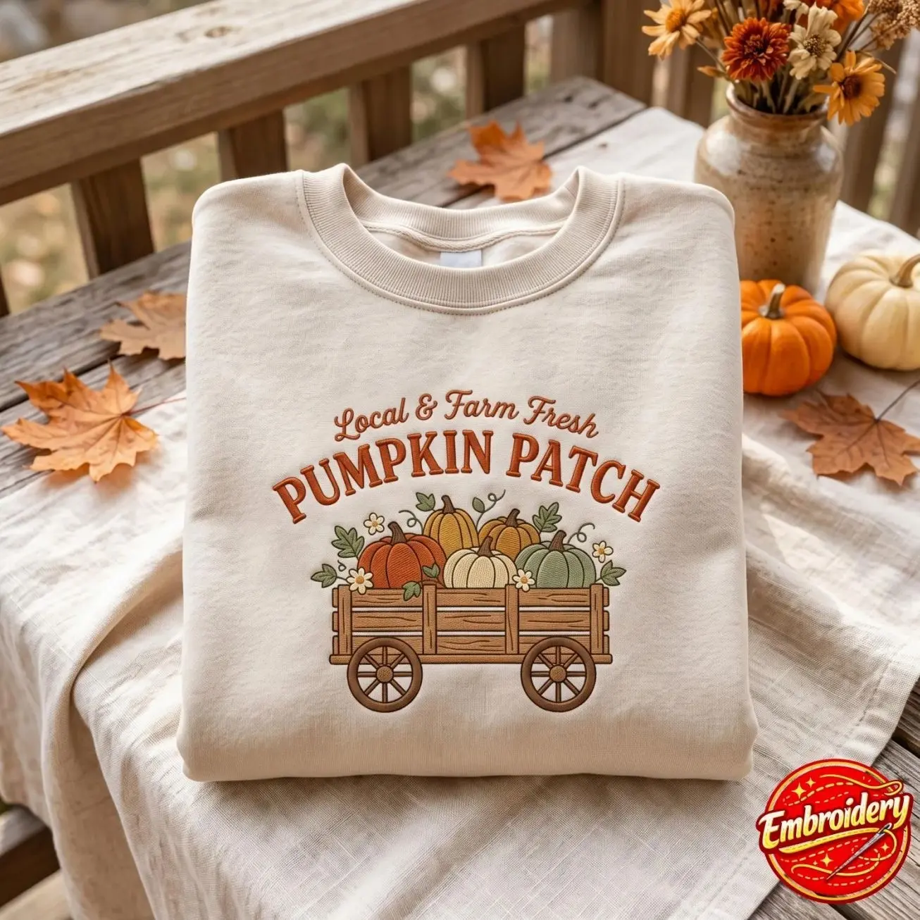 Embroidered Pumpkin Patch Sweatshirt, Vintage Autumn Crewneck, Farm Fresh Shirt