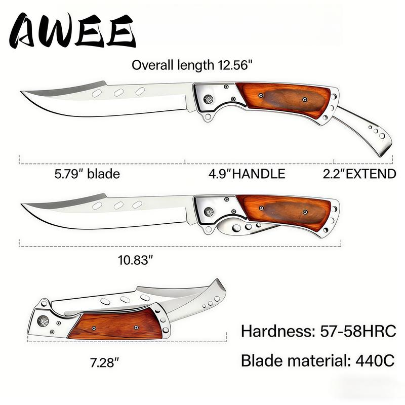 Long Blade Folding Knife - Sharp EDC Tactical Knife for Hunting Hiking Camping Survival | Rosewood Handle, Father's Day Gift for Men